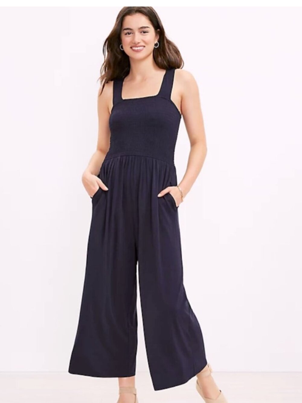 LOFT Smocked Wide-leg Jumpsuit L